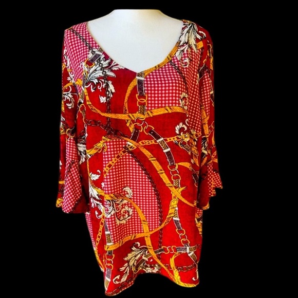 Tacera ladies tunic  2X NWT Red gold and white long flowy sleeves equestrian - Picture 1 of 13